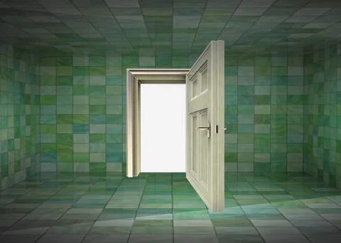 Tile covered room interior and open door to space illustration Illustration