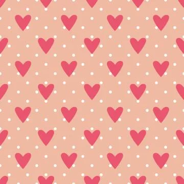 Tile cute vector pattern with hearts and polka dots on pastel pink background Illustrazione stock