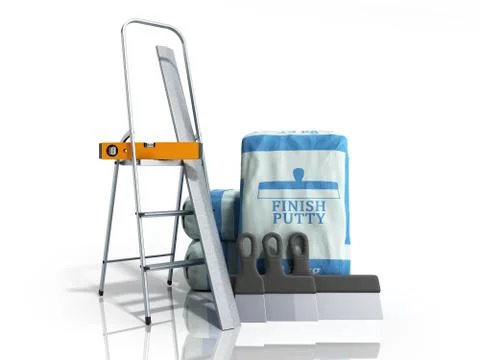 Tile finish putty in the package next to the tools 3d render on white 스톡 일러스트