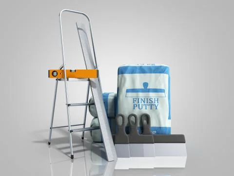 Tile finish putty in the package next to the tools 3d render on grey gradient 스톡 일러스트