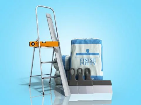 Tile finish putty in the package next to the tools 3d render on blue gradient Illustrazione stock