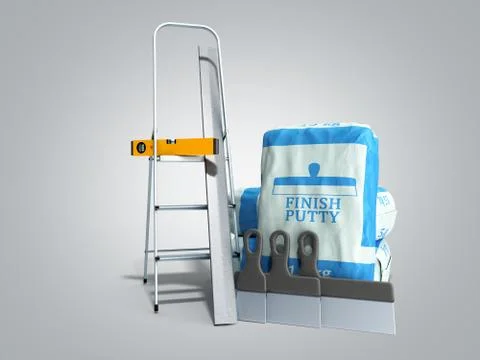 Tile finish putty in the package next to the tools 3d render on grey gradient Stock Illustration