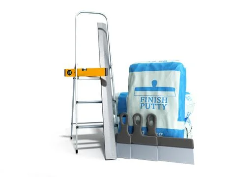 Tile finish putty in the package next to the tools 3d render on white 스톡 일러스트