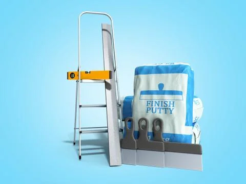 Tile finish putty in the package next to the tools 3d render on blue gradient Illustrazione stock