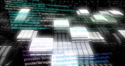 Tile grid moving forward, camera moving causing tiles growing and code streams Stock Footage 329472556