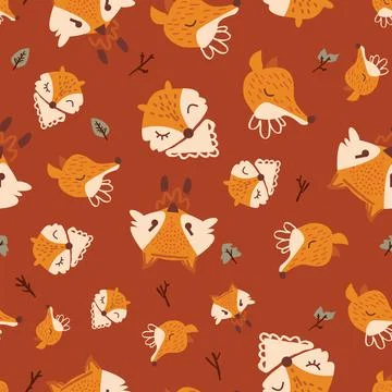Tile of hand drawn seamless fox heads. Seamless pattern motif creative print, イラスト素材