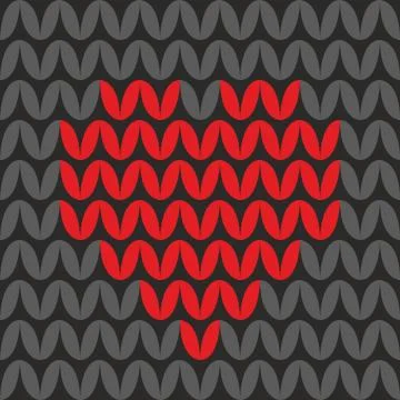 Tile knitting vector pattern with red heart on black background Stock Illustration