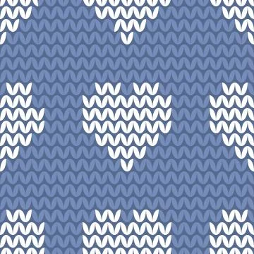Tile knitting vector pattern with white hearts on blue background Stock Illustration