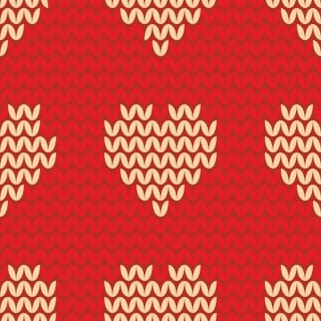 Tile knitting vector pattern with yellow hearts on red background Stock Illustration