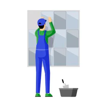 Tile layer at work flat illustration. Professional repairman fixing tiles to Stock Illustration