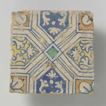 Tile with leaf pattern. Tile with multicolored (blue, orange, yellow and g... Stock Photos