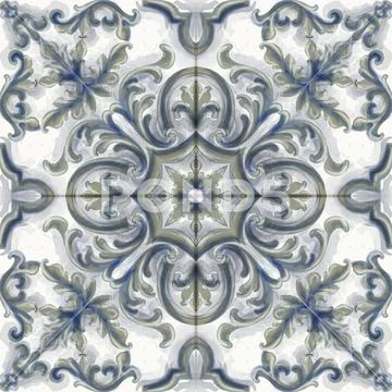 Tile or mosaic ornament Vector watercolor. Medalion rosette style decor templ Stock Illustration
