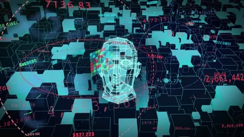 Tile panel emerging, wireframe human head rotating, camera orbiting, data 스톡 동영상 334884025