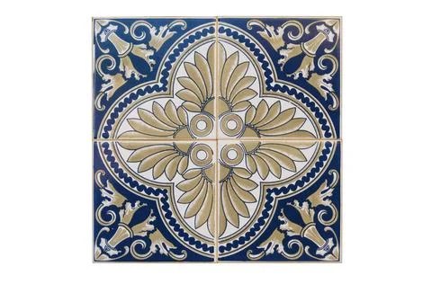 Tile pattern with designs in blue and gold colors Stock Photos
