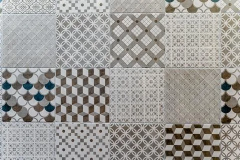 A tile pattern with a variety of shapes and designs Foto stock