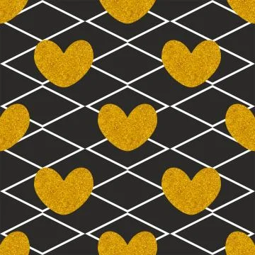 Tile quilted vector pattern with golden hearts on black background Stock Illustration