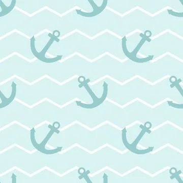 Tile sailor vector pattern with anchor on white and blue stripes background Stock Illustration