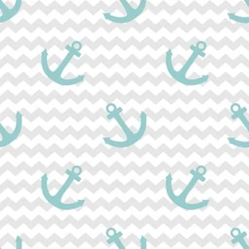 Tile sailor vector pattern with blue anchor on white and grey stripes background Stock Illustration