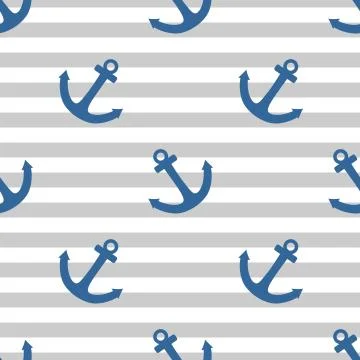 Tile sailor vector pattern with blue anchor on grey and white stripes background Stock Illustration
