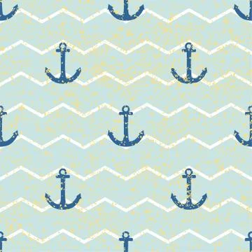Tile sailor vector pattern with gold stripes, background and blue anchor Stock Illustration