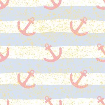Tile sailor vector pattern with pastel blue and white stripes, golden dust Stock Illustration