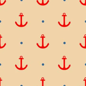 Tile sailor vector pattern with red anchor and blue polka dots Stock Illustration