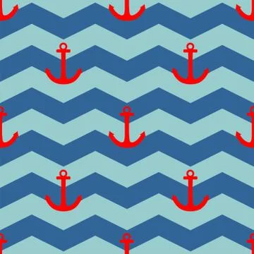 Tile sailor vector pattern with red anchor on white stripes background Stock Illustration