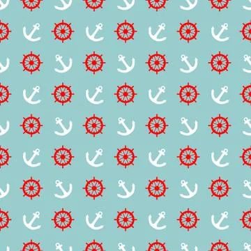 Tile sailor vector pattern with white anchor and red rudder on blue background Stock Illustration