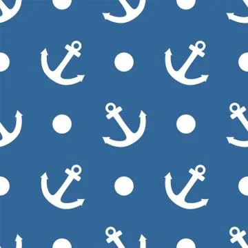 Tile sailor vector pattern with white anchor and polka dots on blue background Illustrazione stock