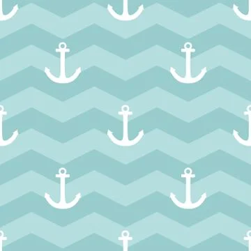 Tile sailor vector pattern with white anchor on blue stripes background Stock Illustration