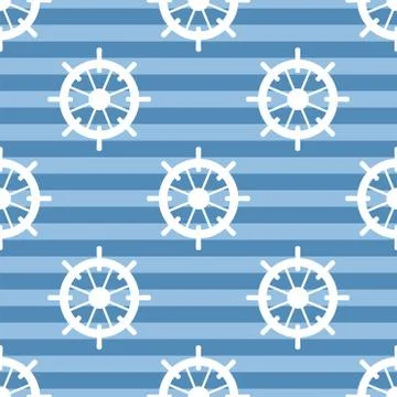 Tile sailor vector pattern with white rudder on navy blue stripes background Stock Illustration