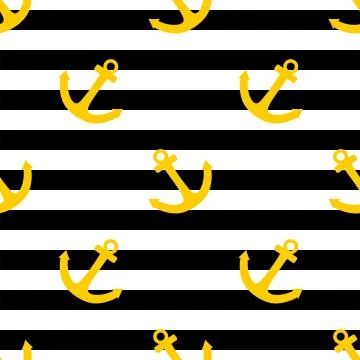 Tile sailor vector pattern with yellow anchor on black and white background Stock Illustration
