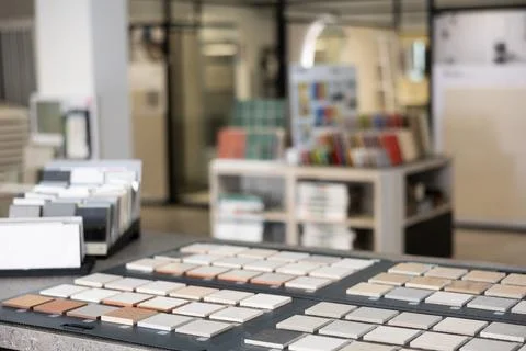 Tile samples displayed in hardware store Stock Photos