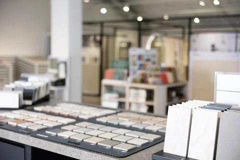 Tile samples displayed in hardware store Stock Photos