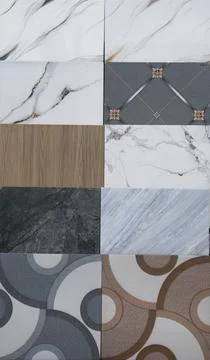Tile samples with marble wood and circular decorative patterns Stock Photos