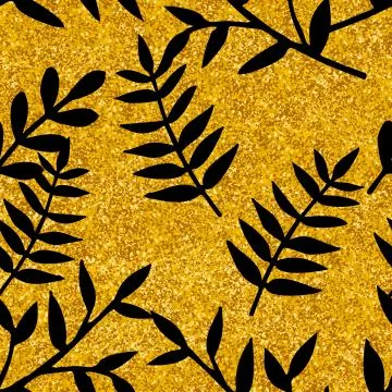 Tile tropical vector pattern with black exotic leaves on golden background Stock Illustration