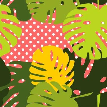 Tile tropical vector pattern with exotic leaves on polka dots pink background Stock Illustration