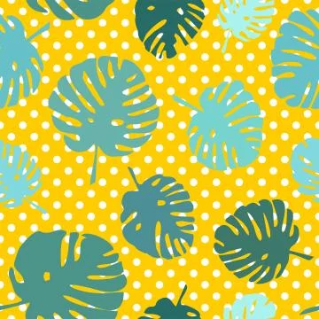 Tile tropical vector pattern with exotic leaves on polka dots yellow background Illustrazione stock
