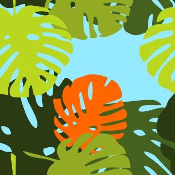 Tile tropical vector pattern with green exotic leaves on blue background Stock Illustration