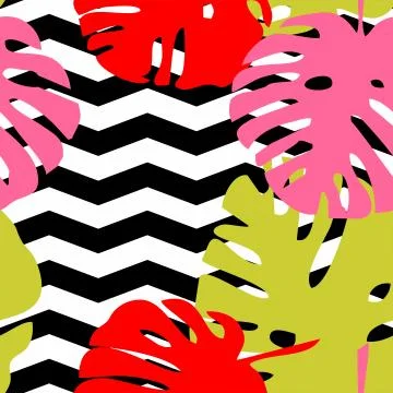 Tile tropical vector pattern with leaves on black and white chevron background Illustrazione stock