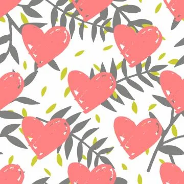 Tile tropical vector pattern with leaves and hearts on white background Stock Illustration