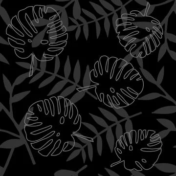 Tile tropical vector pattern with leaves on black background Stock Illustration