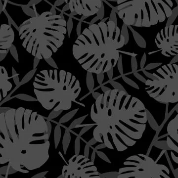 Tile tropical vector pattern with leaves on black background Stock Illustration