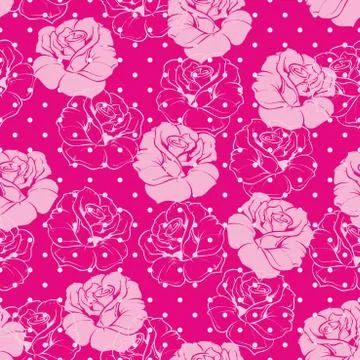 Tile vector floral pattern with roses on pink background with white polka dots Stock Illustration