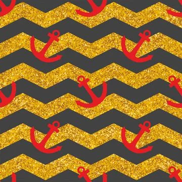 Tile vector pattern with anchor and with black stripes and gold background Stock Illustration