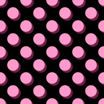 Tile vector pattern big pink polka dots with shadow on black background Stock Illustration