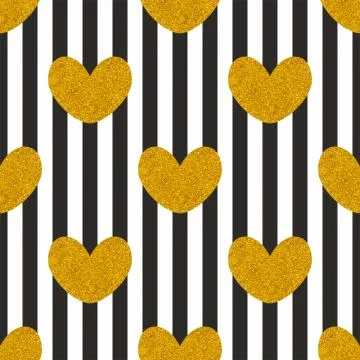 Tile vector pattern with black and white stripes and golden hearts background Stock Illustration