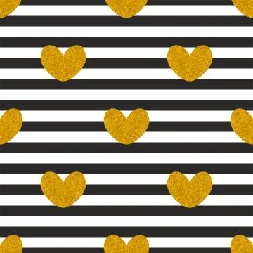Tile vector pattern with black and white stripes and golden hearts background Stock-Illustration