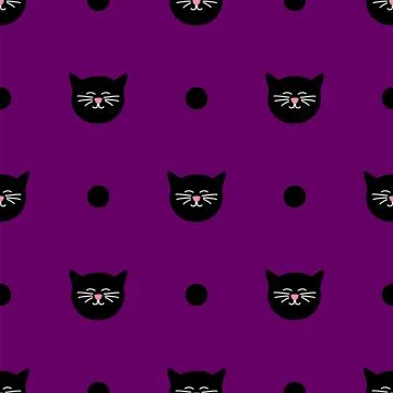 Tile vector pattern with black cats and polka dots on violet background Stockillustratie