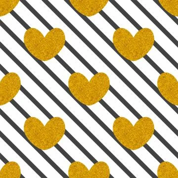 Tile vector pattern with black stripes and golden hearts on white background Stock-Illustration